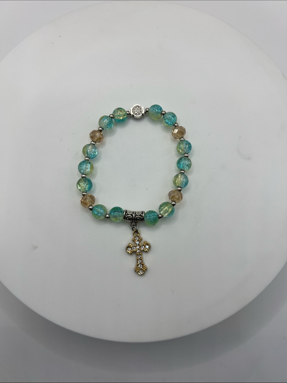 753. Beaded Aqua and Gold Cross Charm Stretch Bracelet 6 1/2”